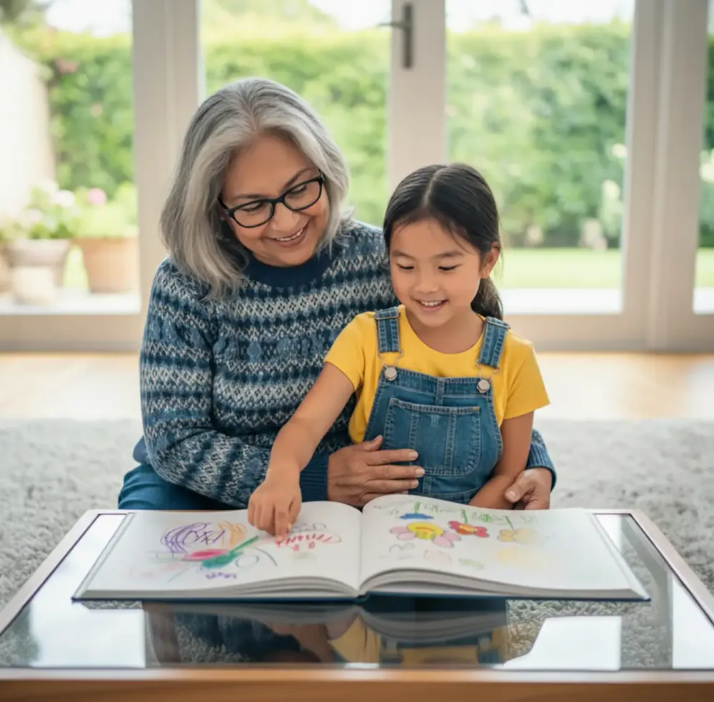 A grandmother and her proud grandchild admiring their Scribble Art book