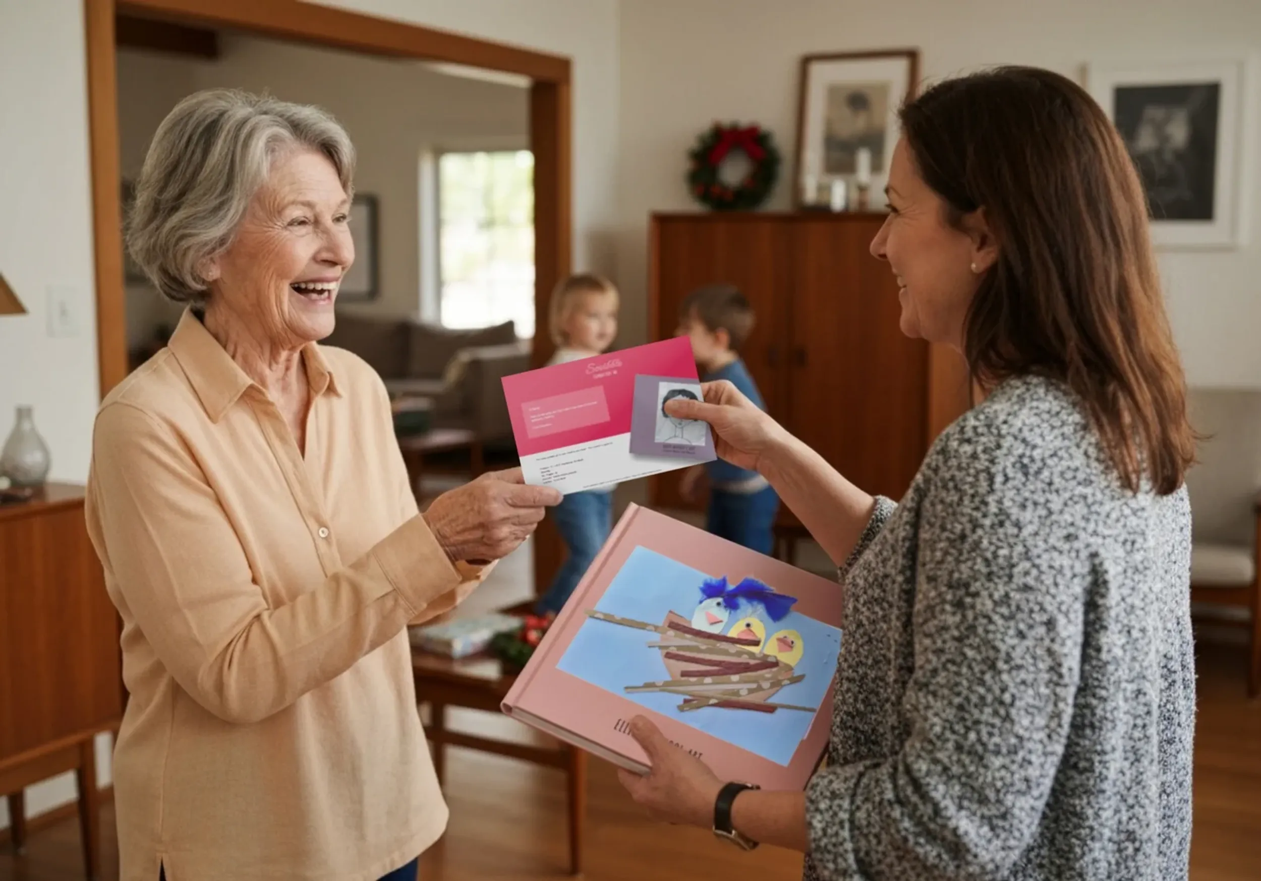 Grandmother and granddaughter exchanging a Scribble Art gift card
