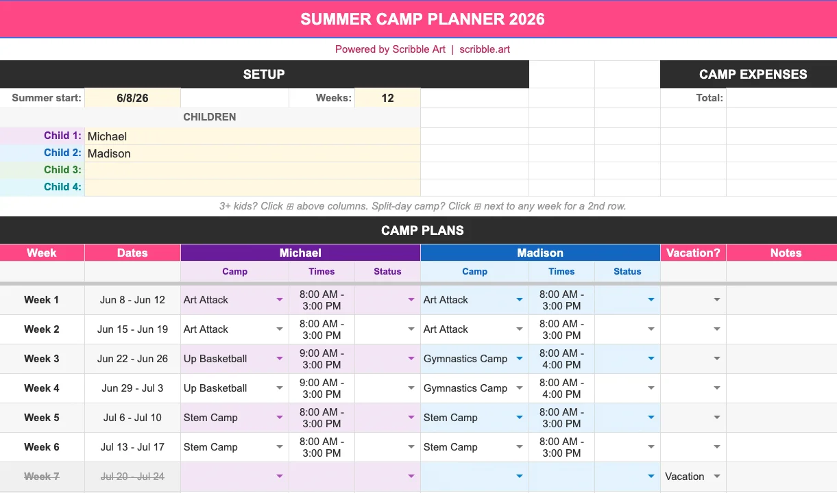 A week-by-week view of your summer makes it easy to spot gaps, overlaps, and plan across multiple kids.
