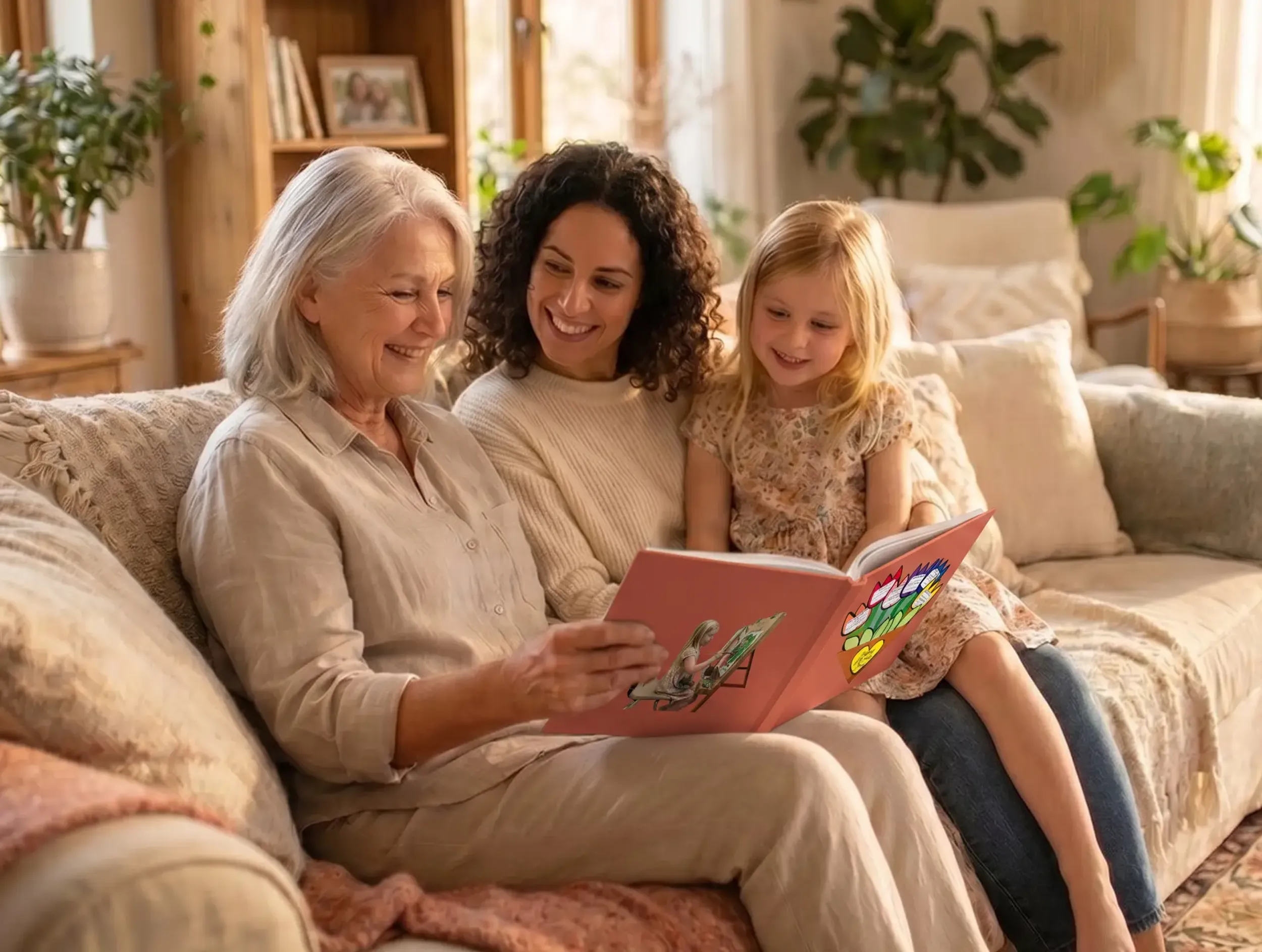 Grandmother, mother, and young daughter sitting on a couch looking through a personalized kids' art book for Mother's Day.
