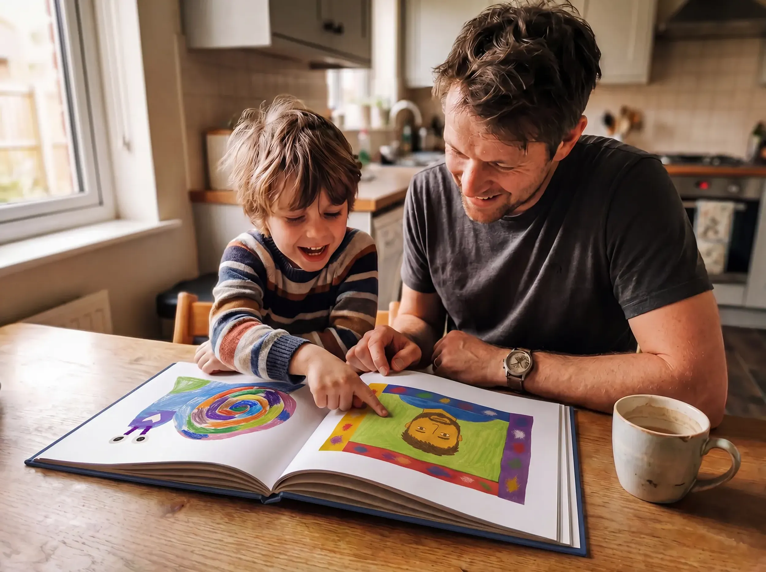 A dad and young son sit together at a kitchen table, both smiling as the child points at a page in an open hardcover kids art book filled with colorful artwork.