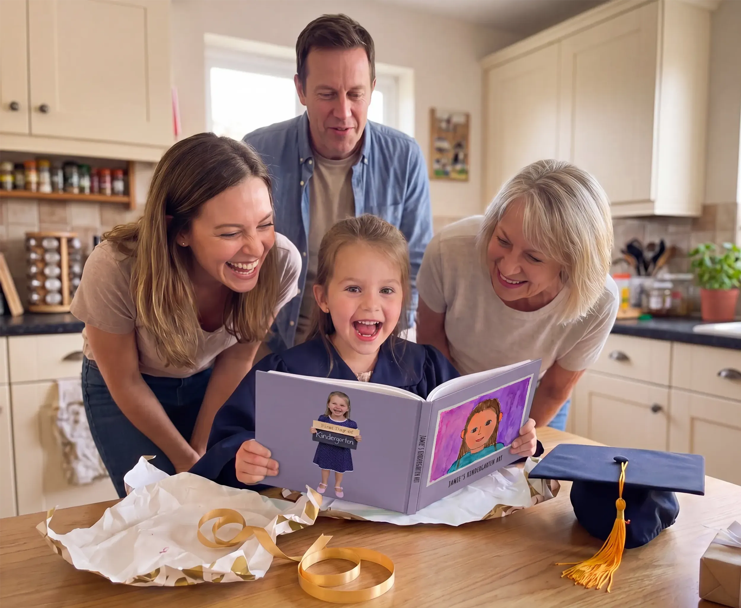 A grandmother and her proud grandchild admiring their Scribble Art book