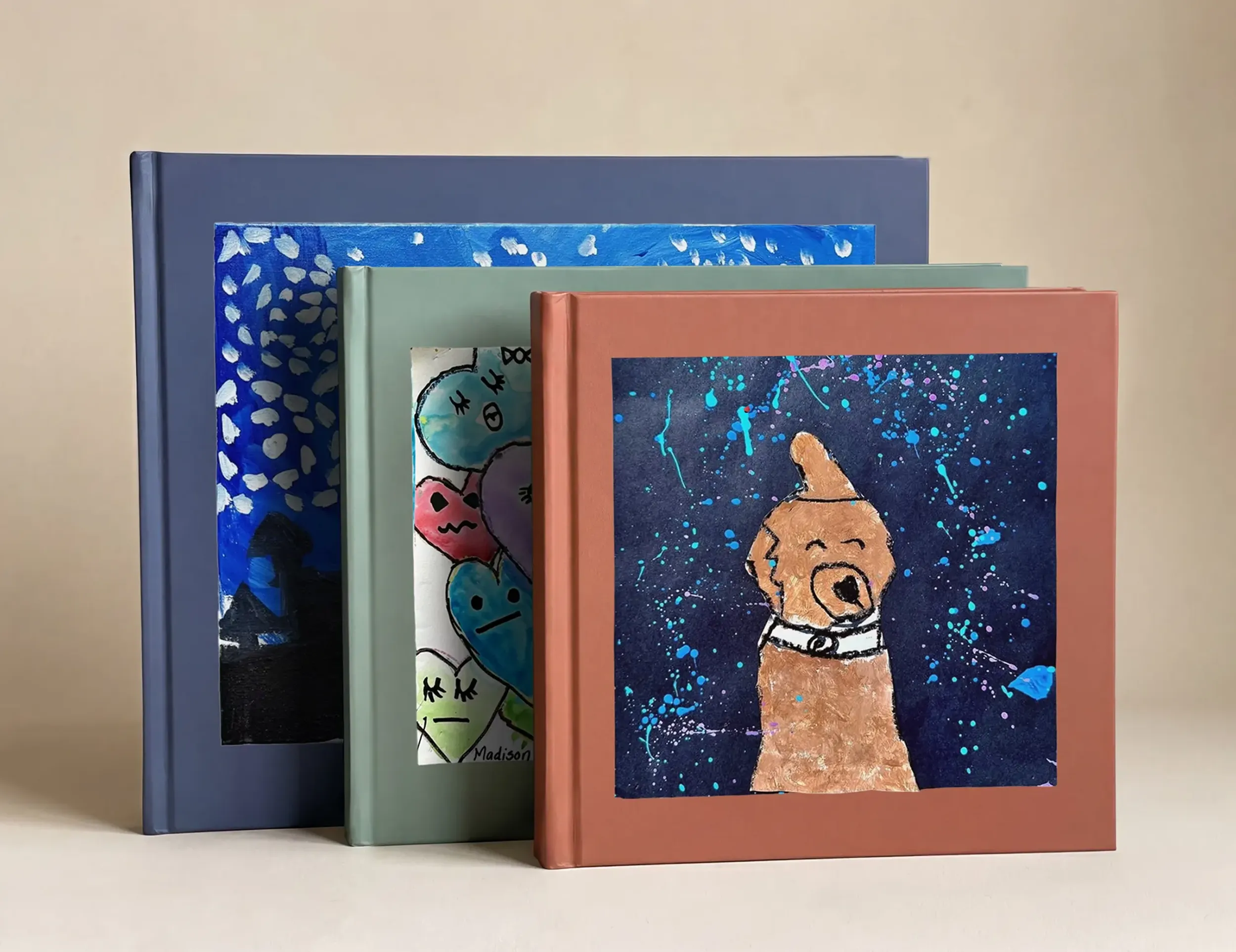 Scribble kids' art books come in three sizes: 12x10 landscape, 11x8.5 landscape, and 8.5x8.5 square