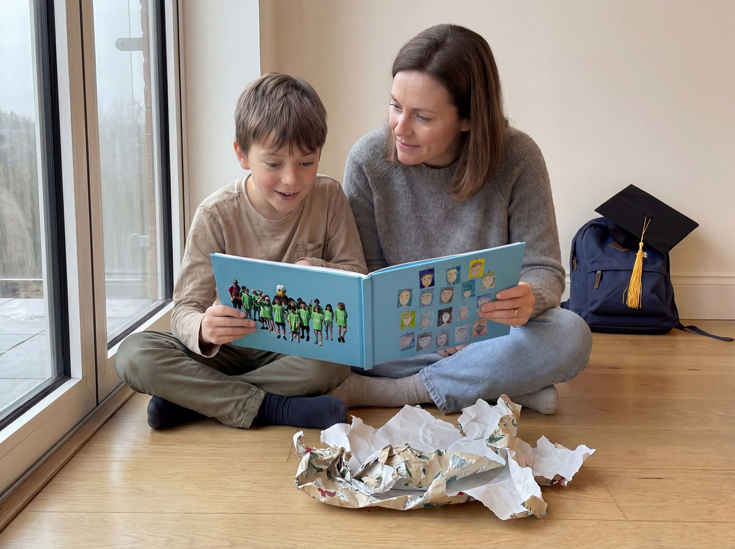 Mom and son enjoying their Scribble Art book filled with artwork