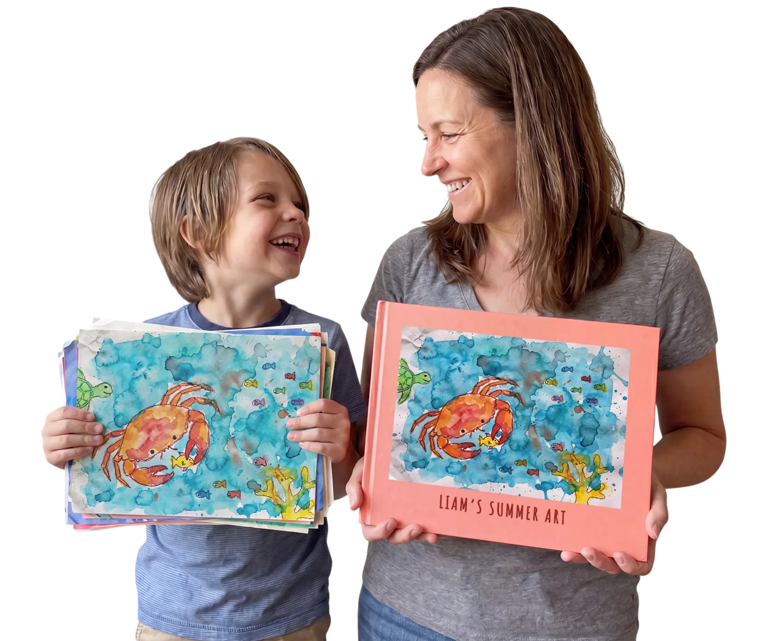 Mom and son holding a kids art book made from his summer artwork, smiling together.