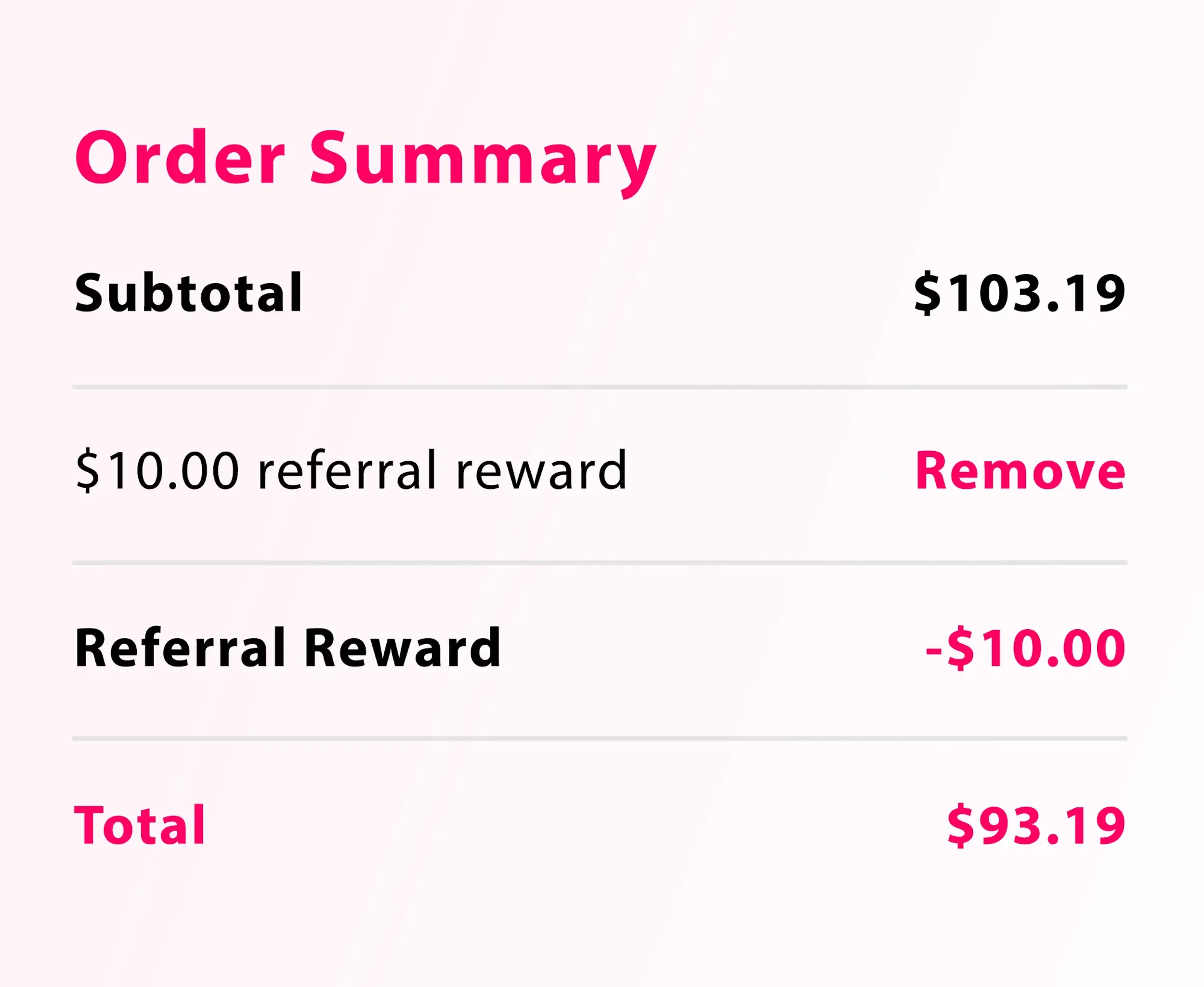 Order summary showing a $10 Scribble Art referral reward applied
