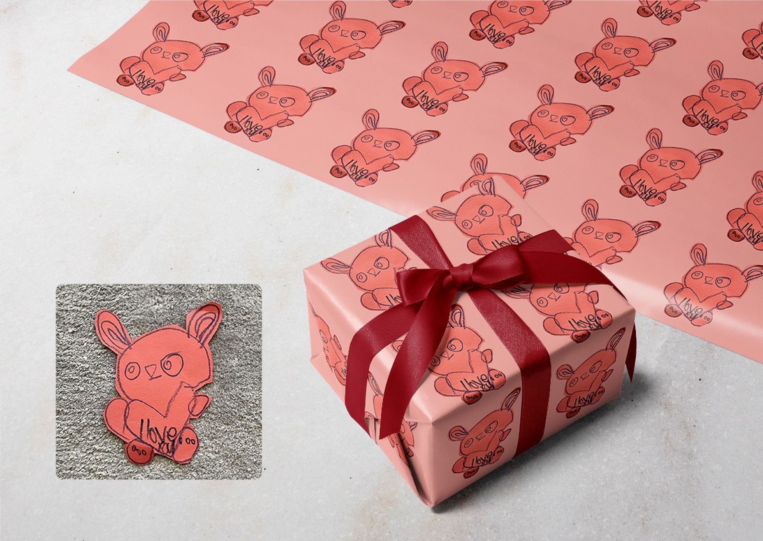 Scribble gift wrap shown with a wrapped present and the original photo