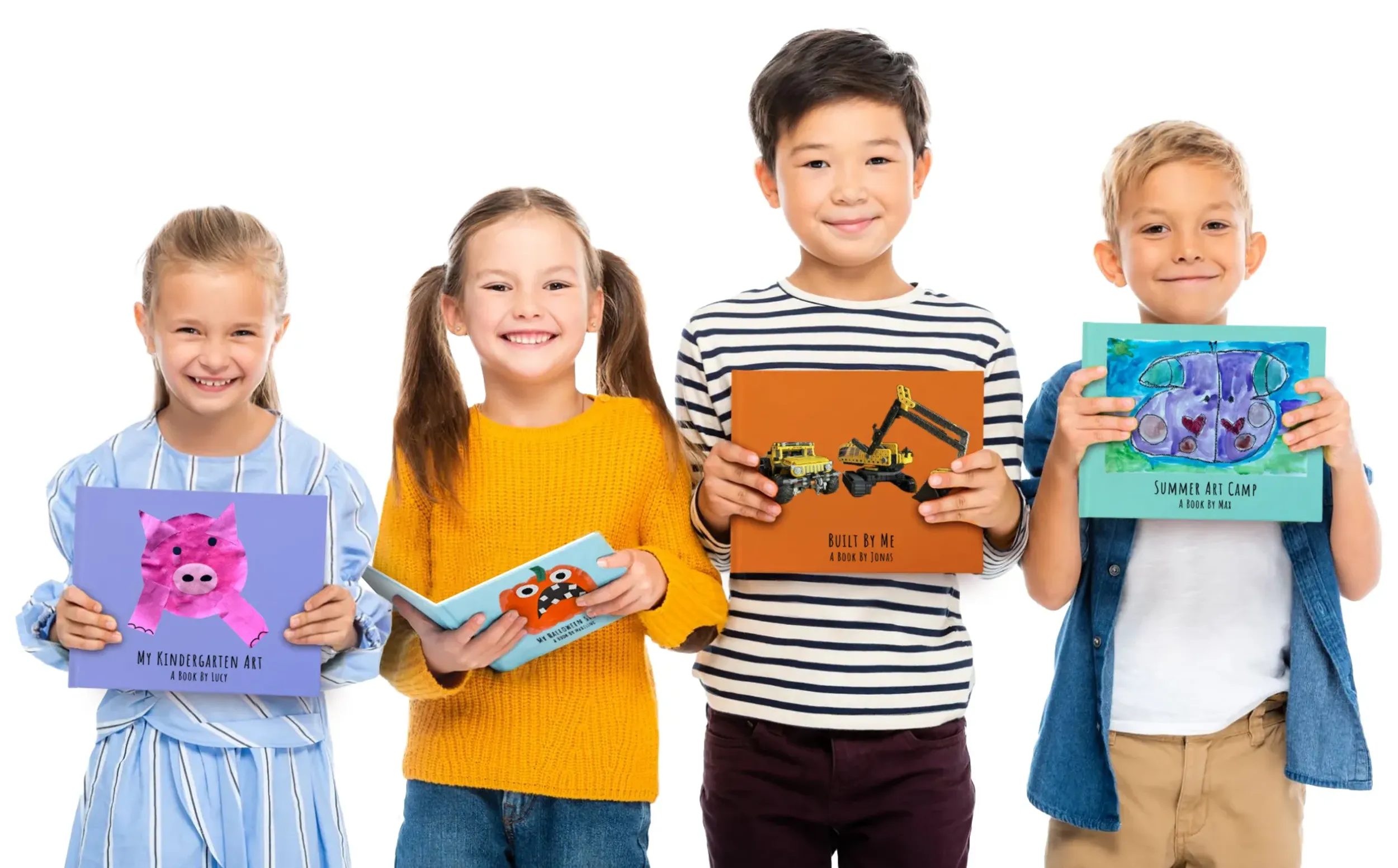 Kids determining the best kids' art photo book service.